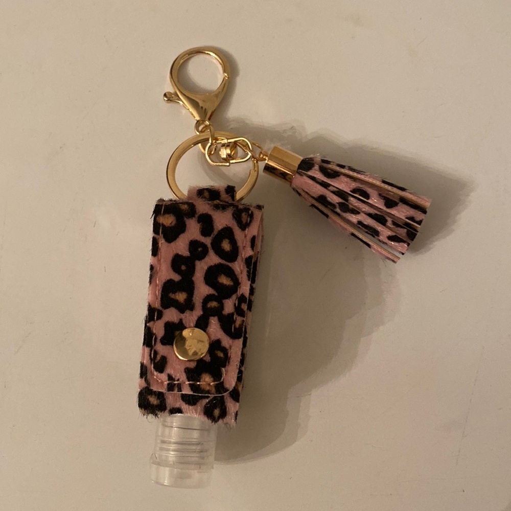 Pink leopard keychain hand sanitizer holder 💞